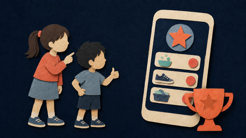 Two children beside a paper-cut chore app and a coral reward trophy